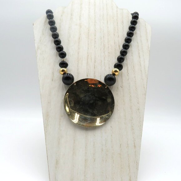 Vintage Black Gold Bead 16" Necklace Reversible Pendant Art Deco Statement - Picture 5 of 7